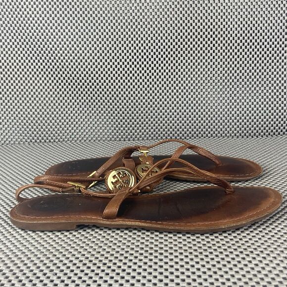 Tory Burch Ali Sandals Womens Size 8 M Brown Leather Gold Logo Thong Sandals - Picture 2 of 9